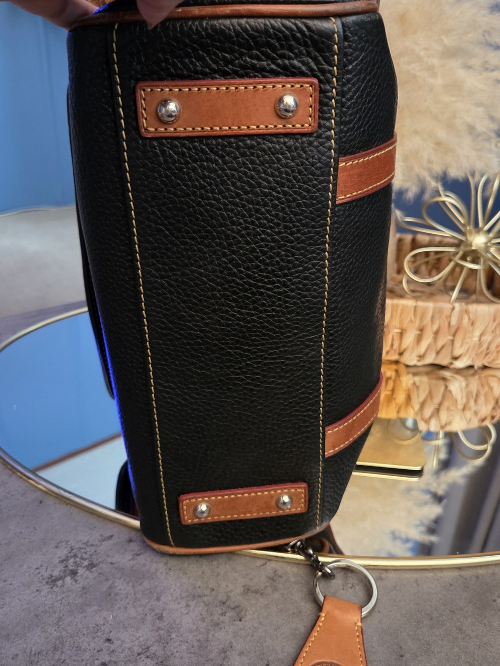 Dooney & Bourke Black Pebble Leather Satchel Crossbody British Tan Trim Tassels - Picture 5 of 17